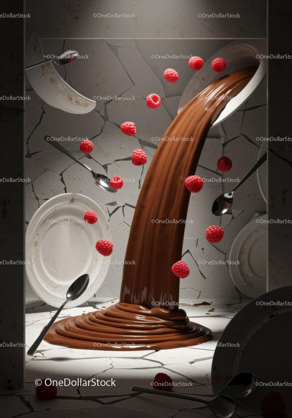 Flowing chocolate with floating raspberries and dishes