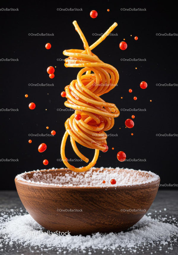 Twisted spaghetti with vibrant red sauce droplets above bowl