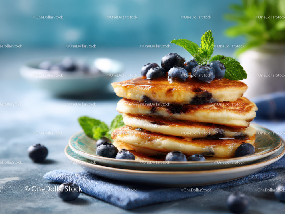 Stack of Fluffy Pancakes with Blueberries and Mint Garnish