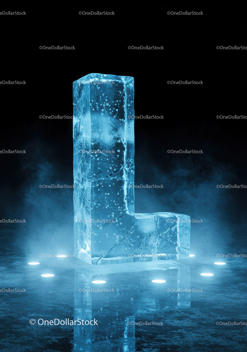 Glowing Ice Letter L Surrounded by Fog and Lights