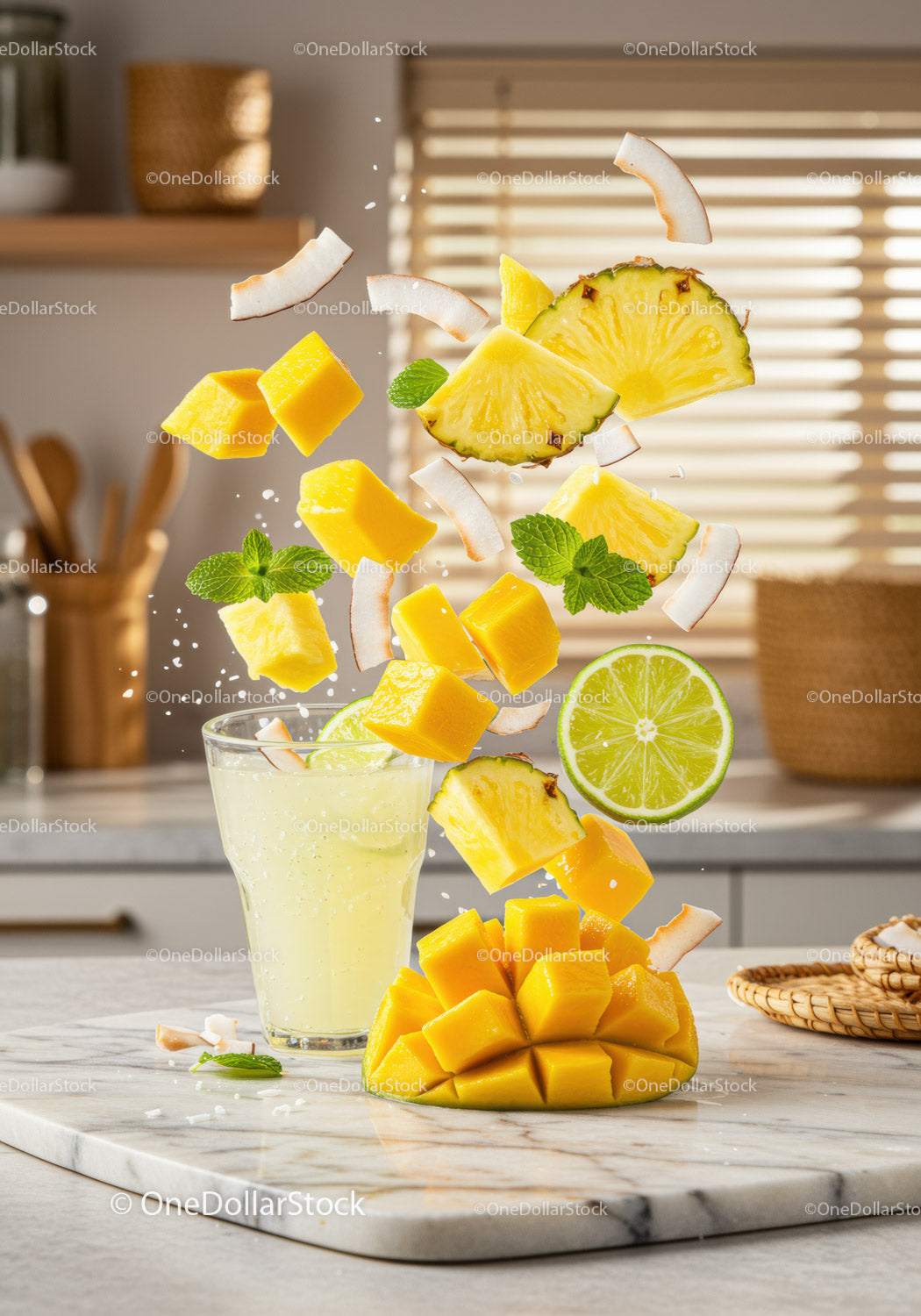 Fresh tropical fruits flying above refreshing juice glass