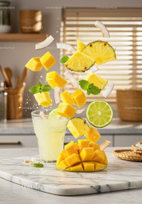 Fresh tropical fruits flying above refreshing juice glass