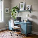 Stylish Blue Desk with White Chair and Green Plant in Modern Home Office