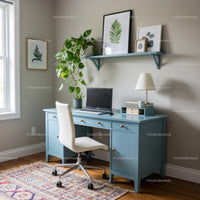 Stylish Blue Desk with White Chair and Green Plant in Modern Home Office