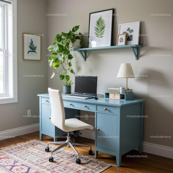 Stylish Blue Desk with White Chair and Green Plant in Modern Home Office