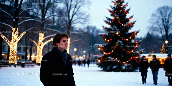 Young man walking near glowing Christmas tree at dusk