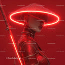 Futuristic Samurai in Neon Red Armor Holding Umbrella