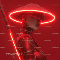 Futuristic Samurai in Neon Red Armor Holding Umbrella
