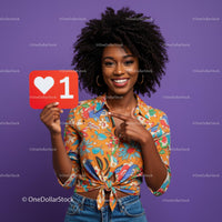 Vibrant Young Woman Holding Like Icon in Bright Casual Outfit