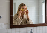 Young Woman Applying Under-Eye Patches in Bathroom Mirror