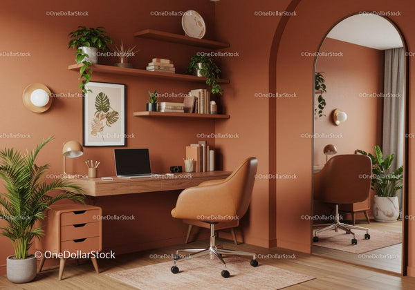 Modern warm home office with natural plant decor