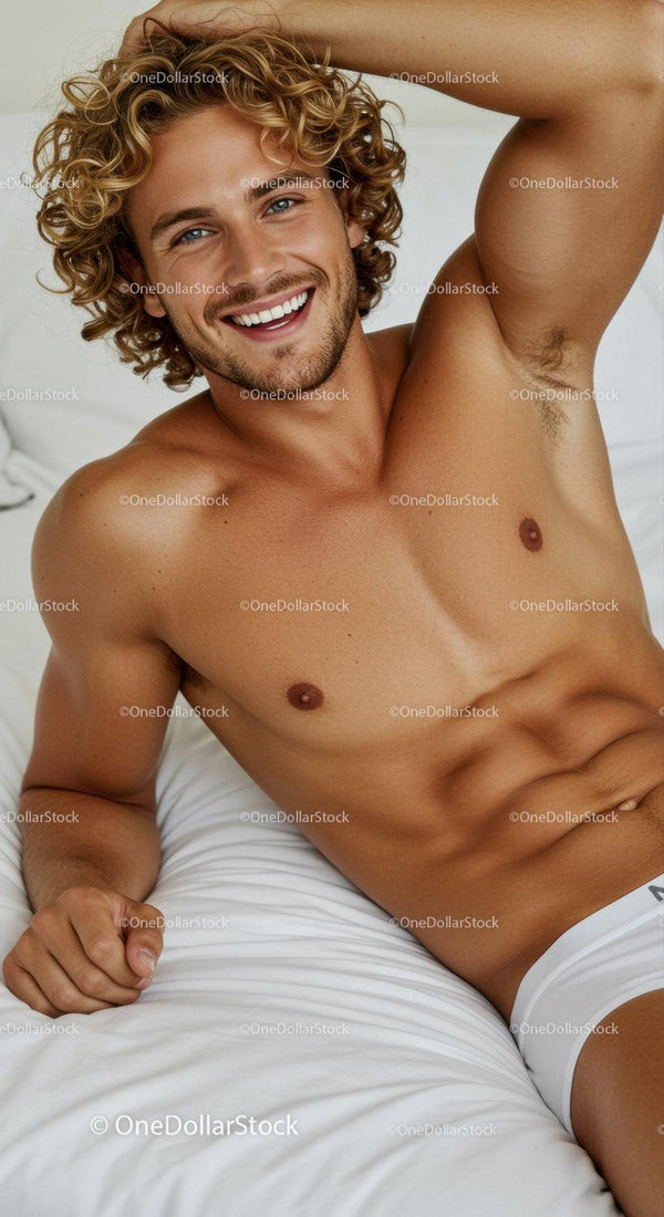 Smiling shirtless man with curly hair relaxing on bed