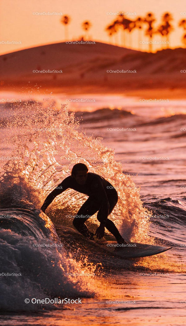 Surfer Carving Through Wave at Sunset Coastline