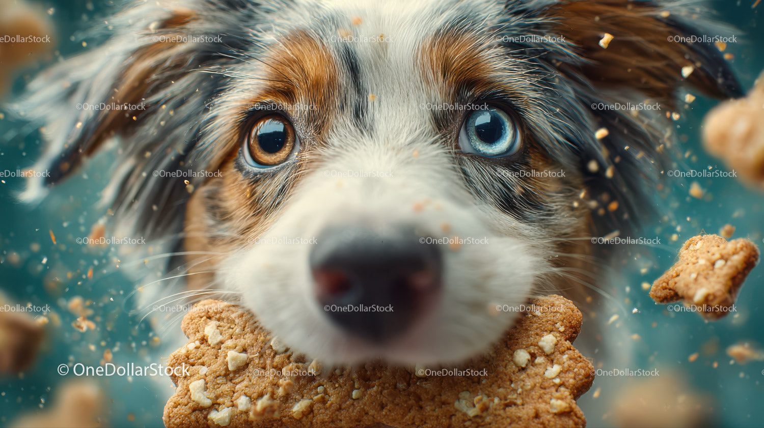 Adorable Puppy with Blue and Brown Eyes Surrounded by Crumbs and Water