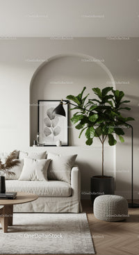 Cozy beige living room with large green plant and soft lighting