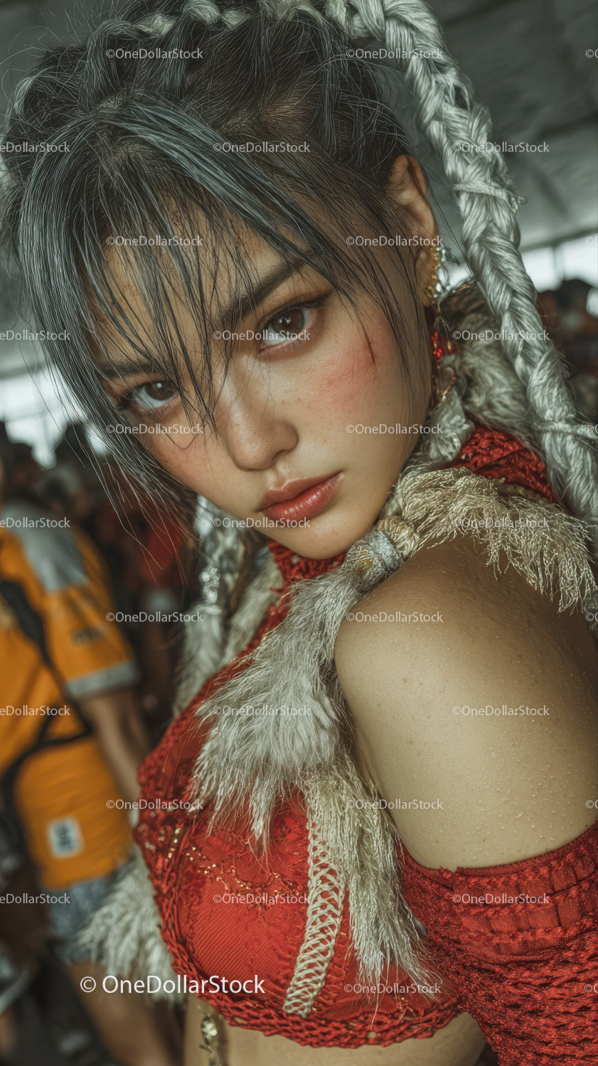 Portrait of a Young Woman in Tribal Costume with Fierce Expression