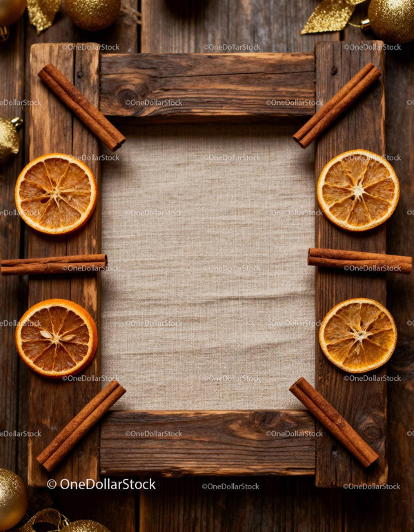Rustic wooden frame decorated with dried oranges and cinnamon