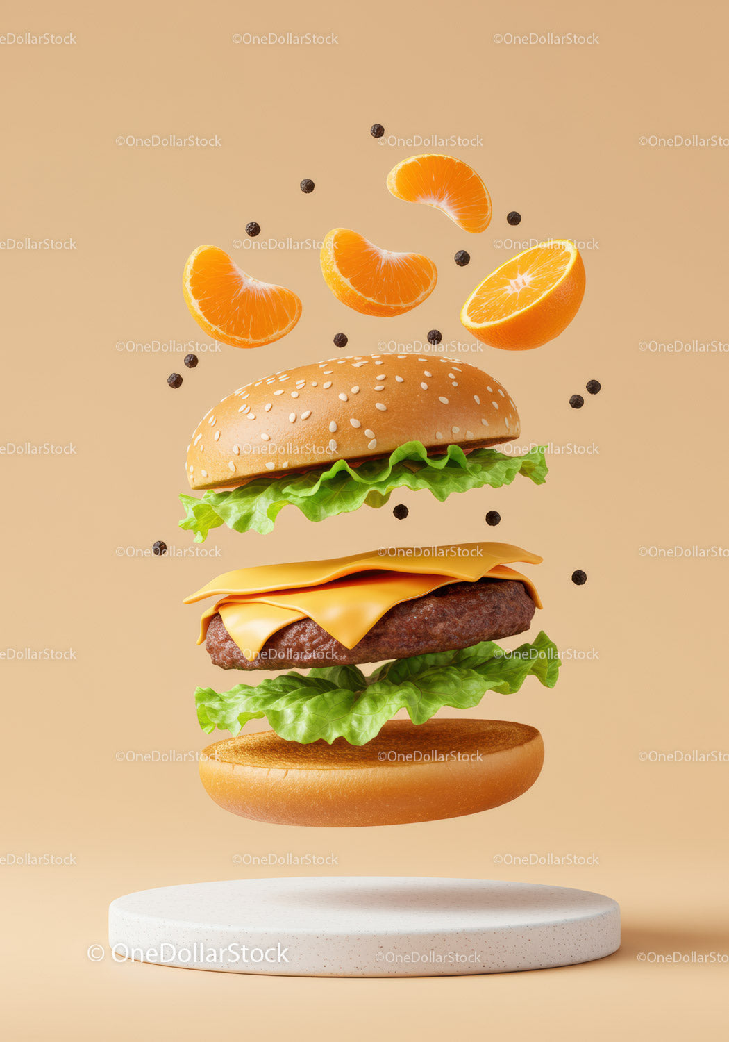 Cheeseburger with floating lettuce and orange slices
