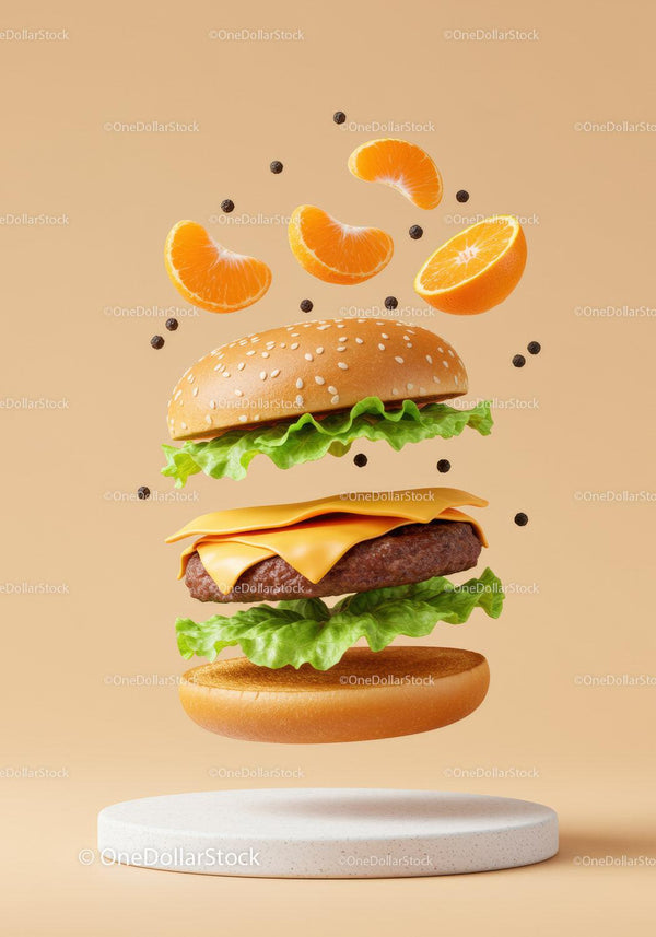 Cheeseburger with floating lettuce and orange slices