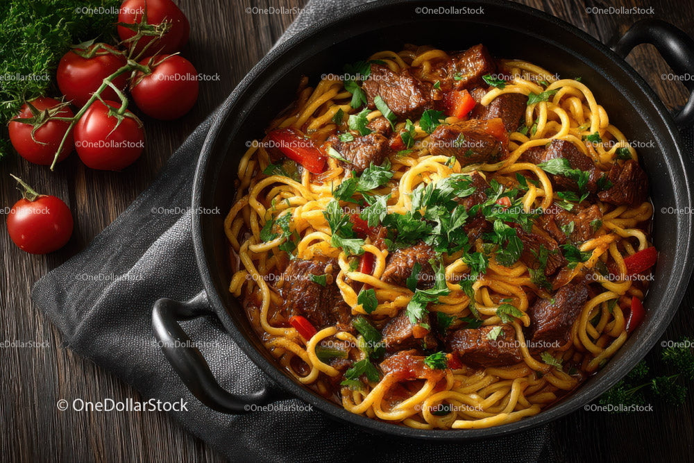 Savory Beef and Vegetable Stir-Fry with Thick Noodles in Rustic Wok