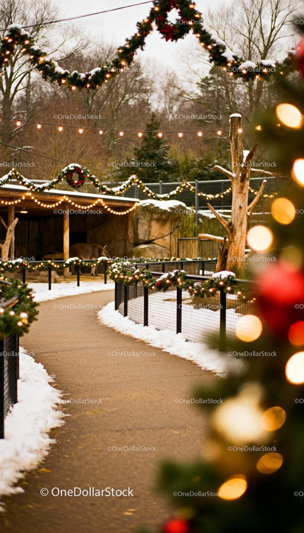 Festive Winter Walkway Decorated with Holiday Lights