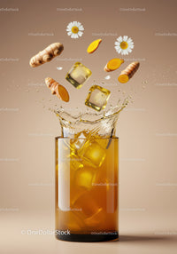 Refreshing Turmeric Tea with Ice Cubes and Chamomile Flowers