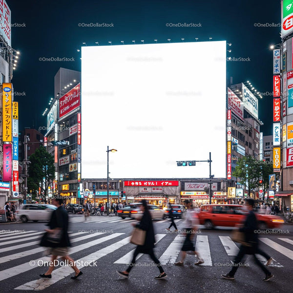Busy urban crosswalk with illuminated city billboards at night JPG Mockup Image