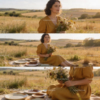 Young woman sitting outdoors with bouquet and rustic plates