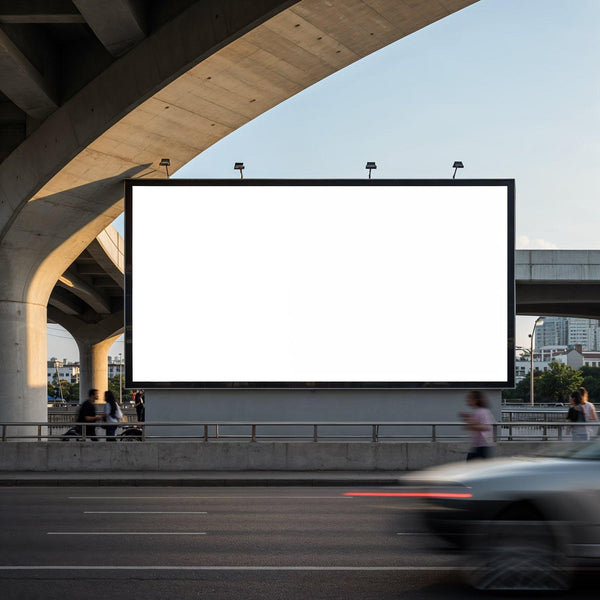 Large blank billboard under urban overpass with passing traffic JPG Mockup Image