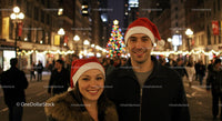 Smiling couple wearing Santa hats at city Christmas celebration