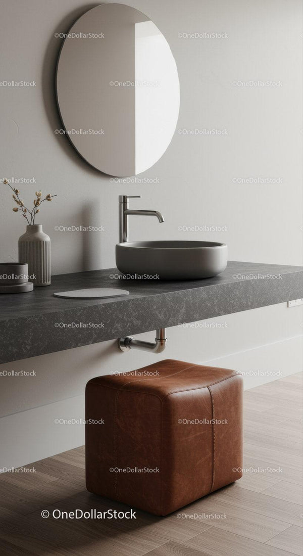 Modern minimalist bathroom with ceramic sink and round mirror