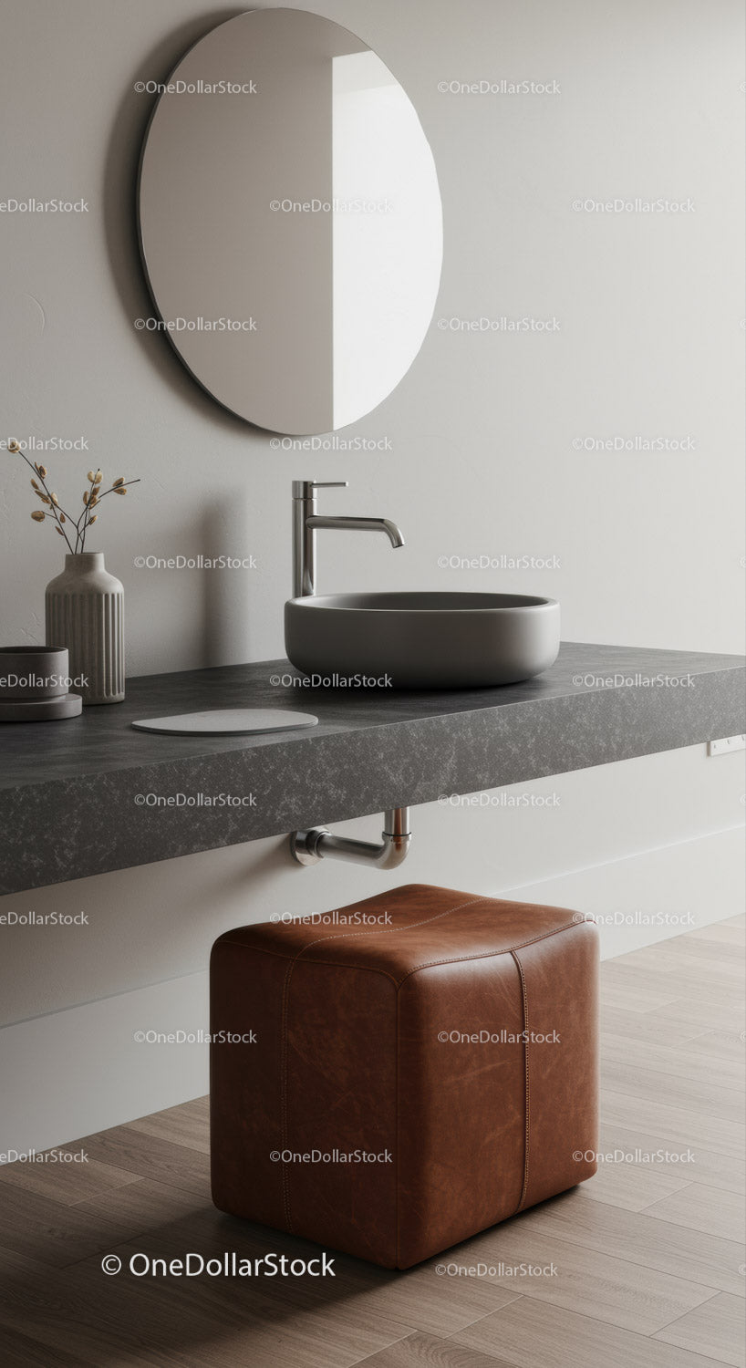Nowoczesna, minimalistyczna łazienka z ceramiczną umywalką i okrągłym lustrem