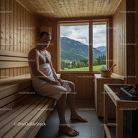 Relaxing Man in Sauna with Scenic Mountain View and Wooden Interior