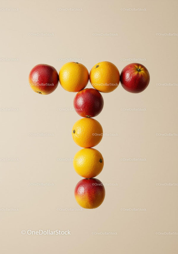 Oranges and nectarines arranged in a T shape on beige