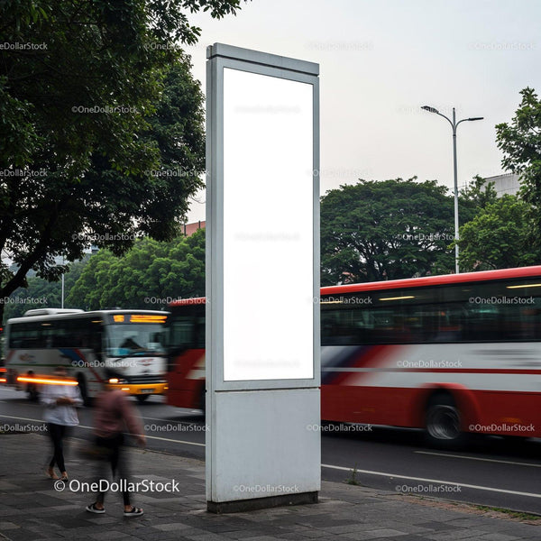 Blank Urban Billboard Near Busy City Bus Stop JPG Mockup Image