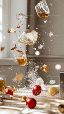 Falling Champagne Glasses and Bubbles in Celebration Scene