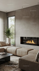 Cozy modern living room with fireplace and natural light