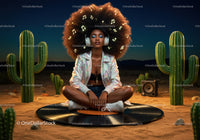 Young woman enjoying music with headphones in desert