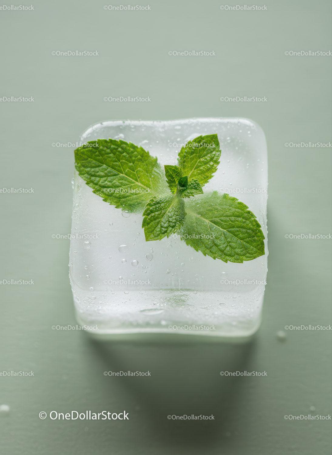 Fresh mint leaves encased in clear ice cube