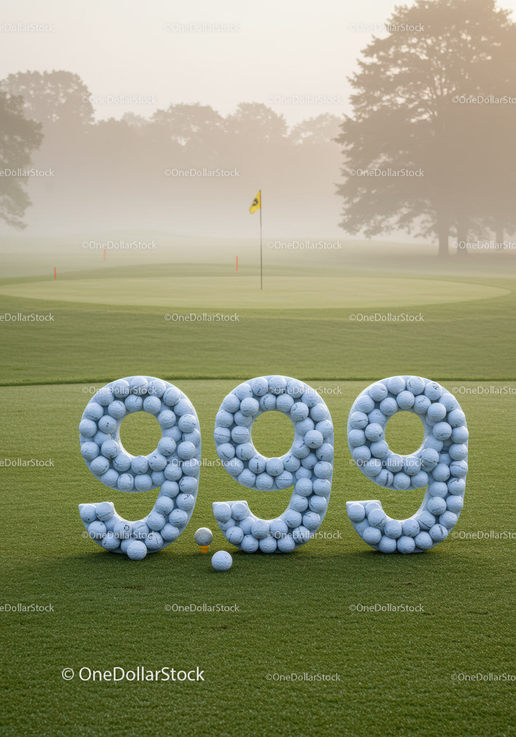 Piłki golfowe ułożone w cenie 9,99 na zielonym polu