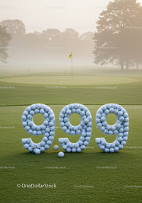 Golf balls arranged in 9.99 price display on green field