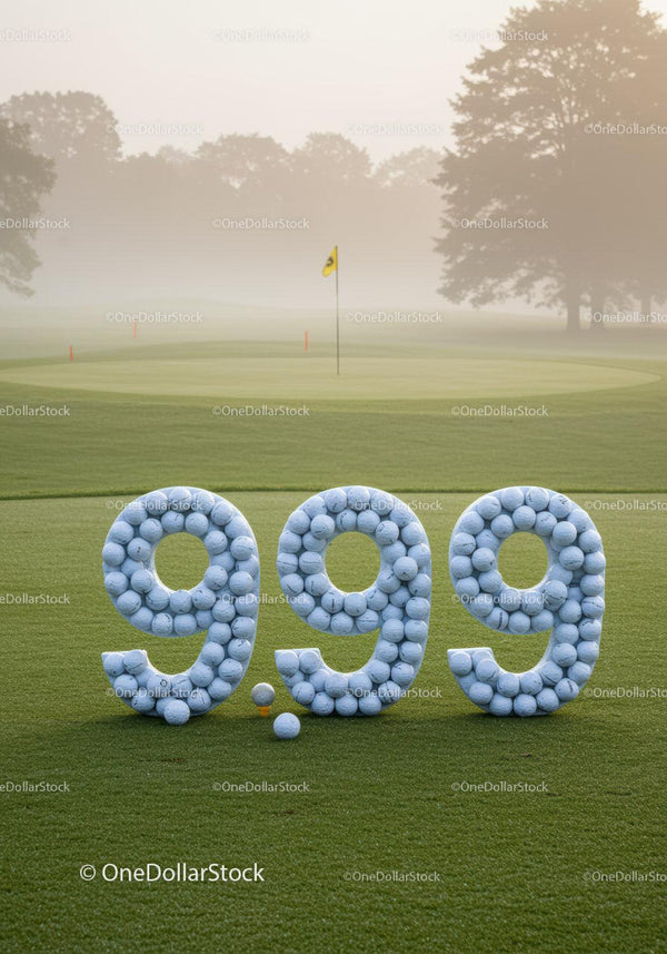 Piłeczki golfowe ułożone w wyświetlaczu ceny 9,99 na zielonym polu