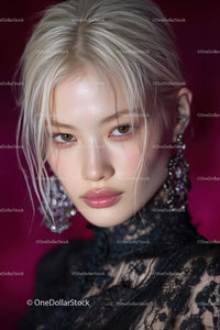 Elegant Blonde Woman with Blue Eyes Wearing Black Lace Dress