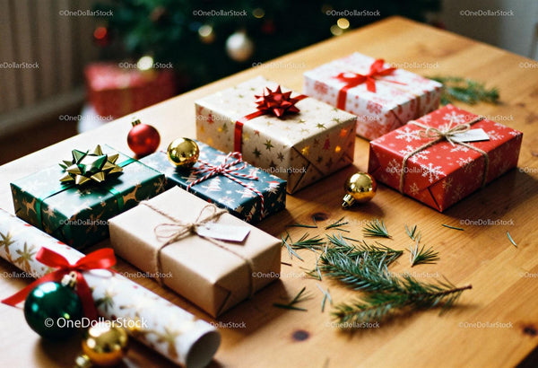 Festive Christmas Gifts and Decorations on Wooden Table