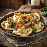 Savory Chinese Potstickers with Crispy Garnish on Rustic Plate