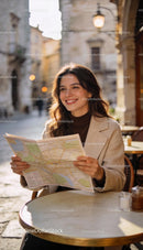Smiling traveler reading a city map outdoors