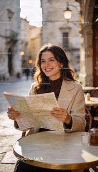 Smiling traveler reading a city map outdoors
