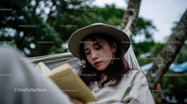 Relaxed Woman Reading a Book Amidst Green Foliage Outdoors