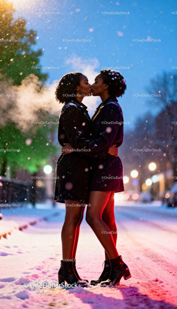 Couple Sharing Tender Kiss in Snowy Urban Winter Evening