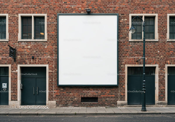 Blank Square Billboard on Vintage Brick Building Exterior JPG Mockup Image
